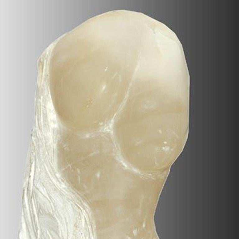 In pure white alabaster from Italy, this is a very unique piece handcarved and signed by Nicole Durand
Influenced by master sculptors, Michelangelo and Rodin, Durand began her artistic journey in France, where she was born.
She also lives on the