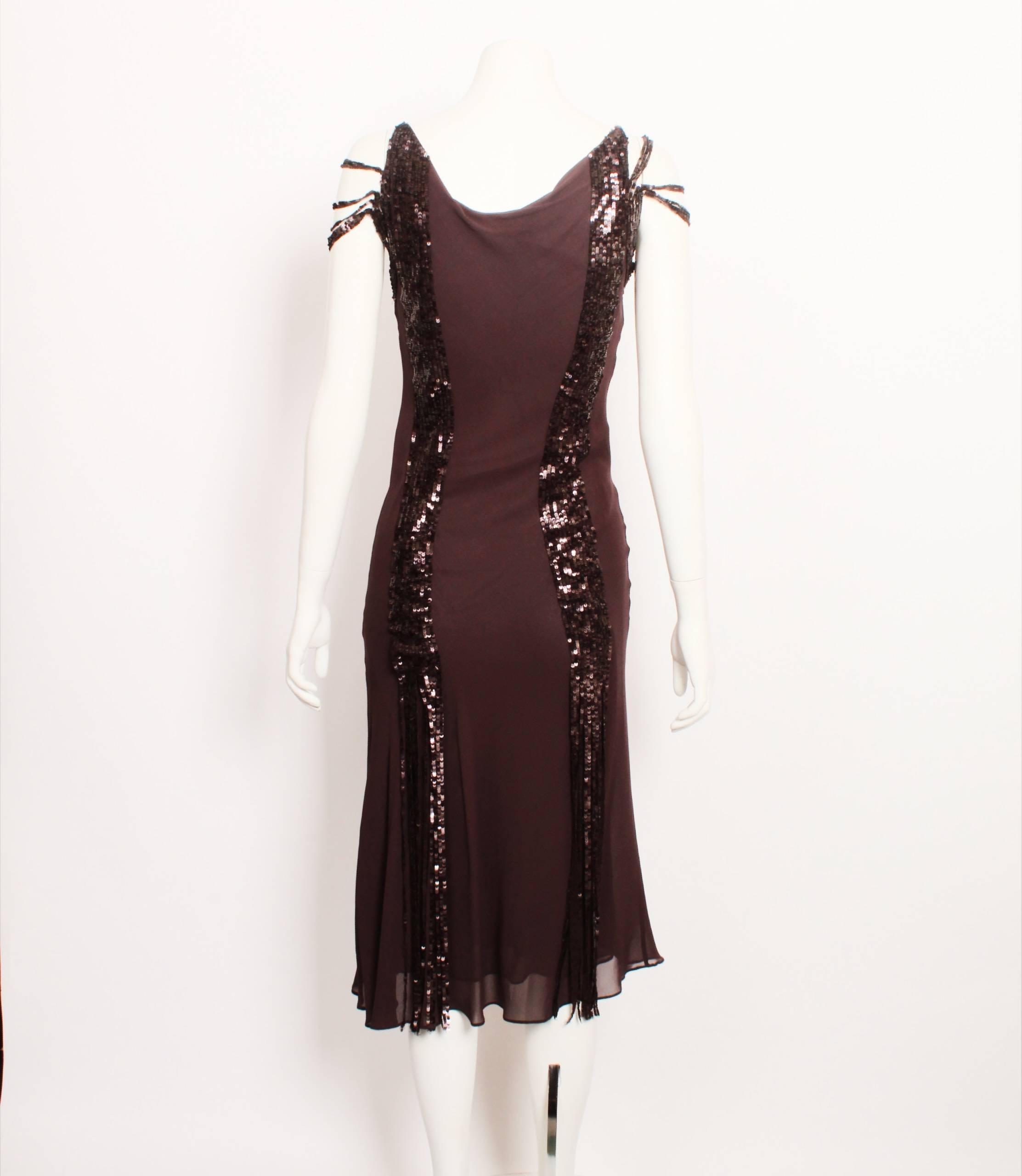 Beautiful Nicole Fahri 1920s style bias cut silk flapper dress in luxe chocolate brown 100% silk georgette with sequin strip detailing that runs vertically down the dress and loosely drips and moves at the hemline. Features a solf cowl neckline and