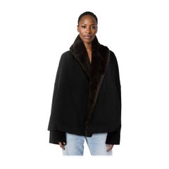 Nicole Farhi, cappotto in lana nera con collo in pelliccia sintetica, taglia XXL