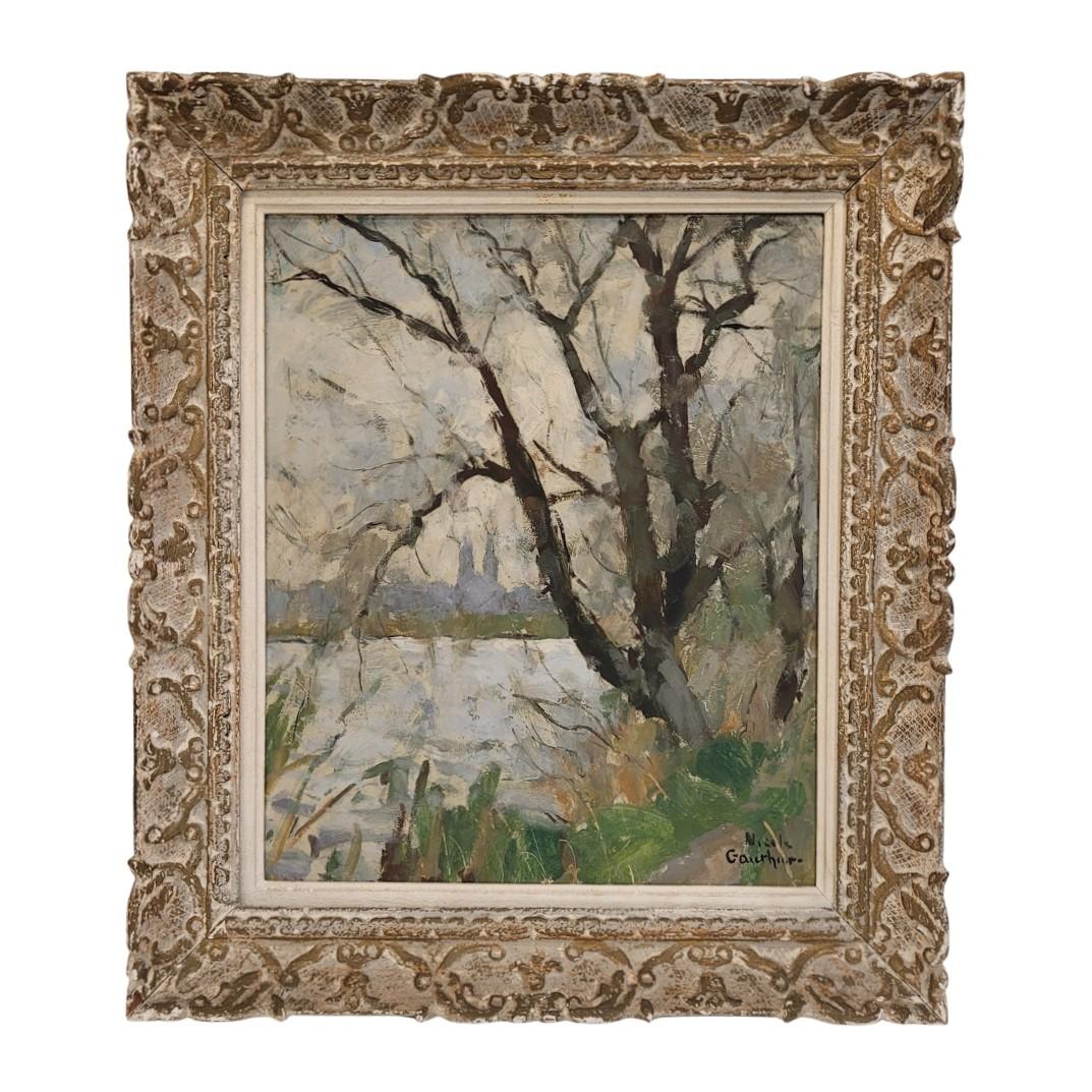 Impressionism Oil on panel French Winter Landscape Nicole Gauthier, Nancy School - Impressionist Painting by Nicole Gauthier (1905-2001)