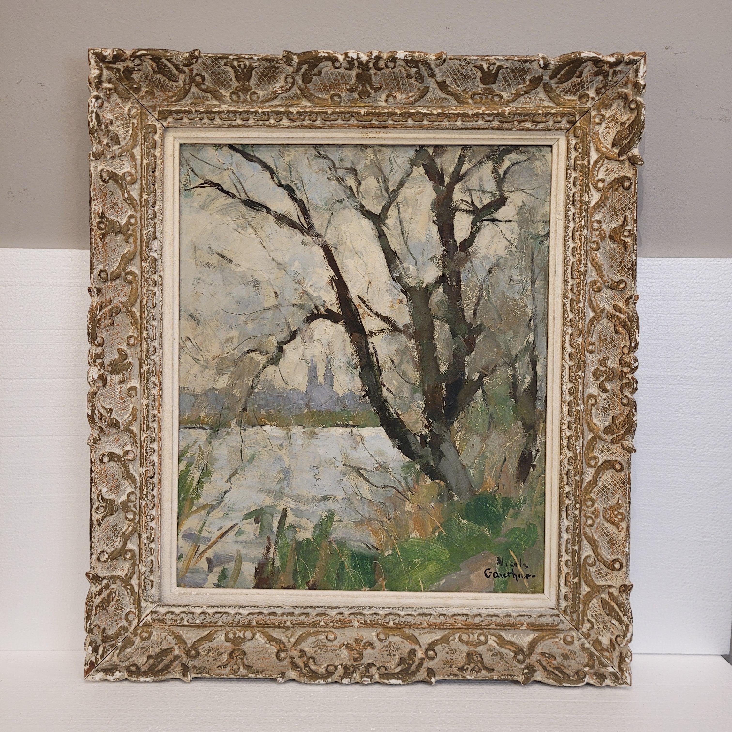 Impressionism Oil on panel French Winter Landscape Nicole Gauthier, Nancy School - Brown Landscape Painting by Nicole Gauthier (1905-2001)