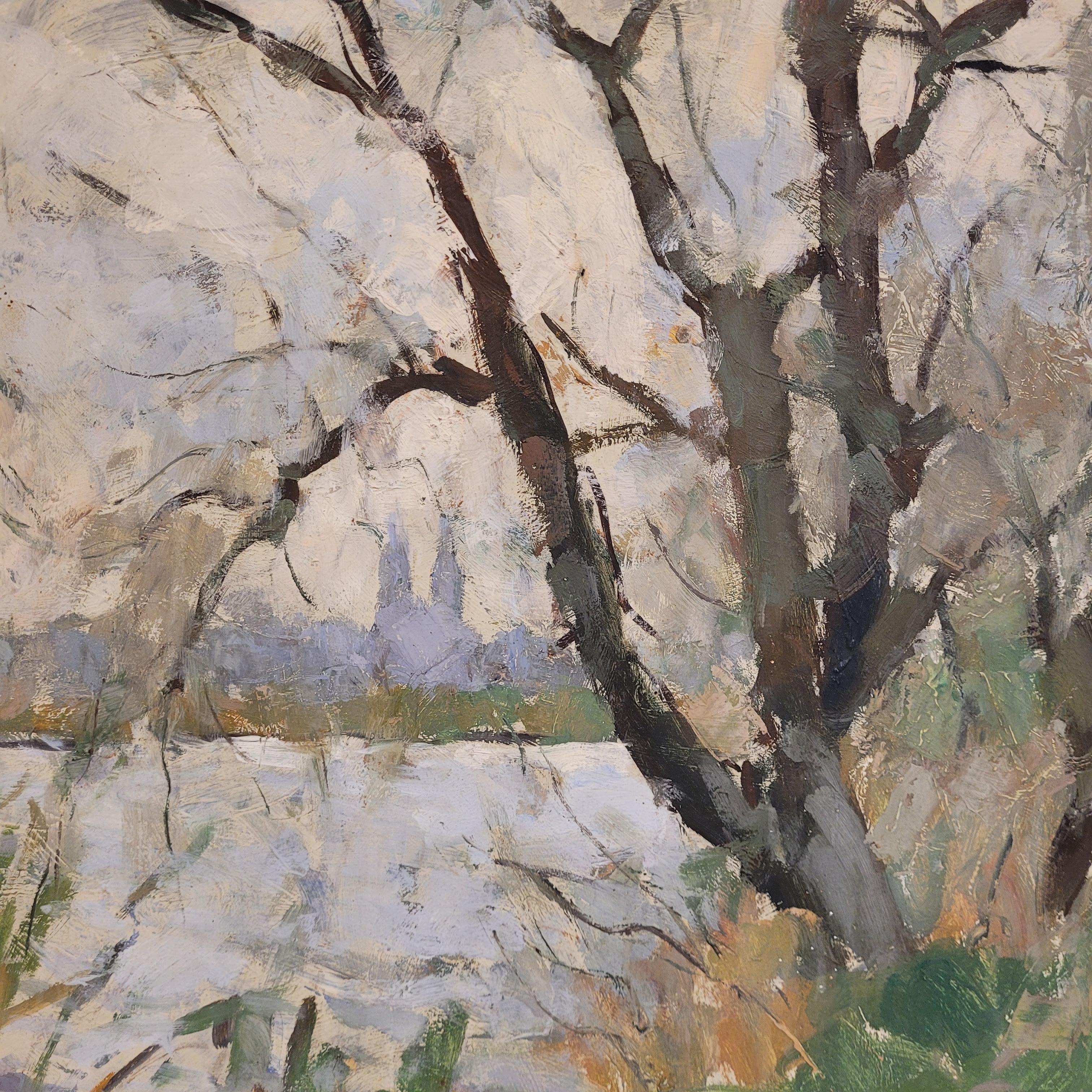 Gorgeous and unique oil on panel, work by the French artist Nicole Gauthier, associated with the Nancy School. It depicts a natural scene, somewhere between autumn and winter, where a leafless tree dominates the foreground and, through its branches,