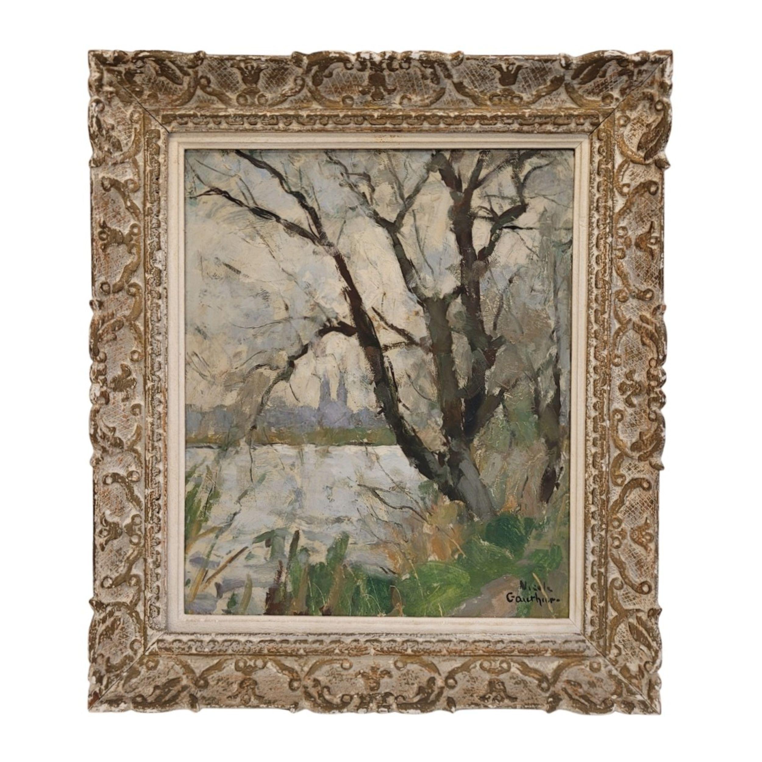Impressionism Oil on panel French Winter Landscape Nicole Gauthier, Nancy School