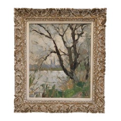 Impressionismo Olio su pannello Paesaggio invernale francese Nicole Gauthier, Scuola di Nancy