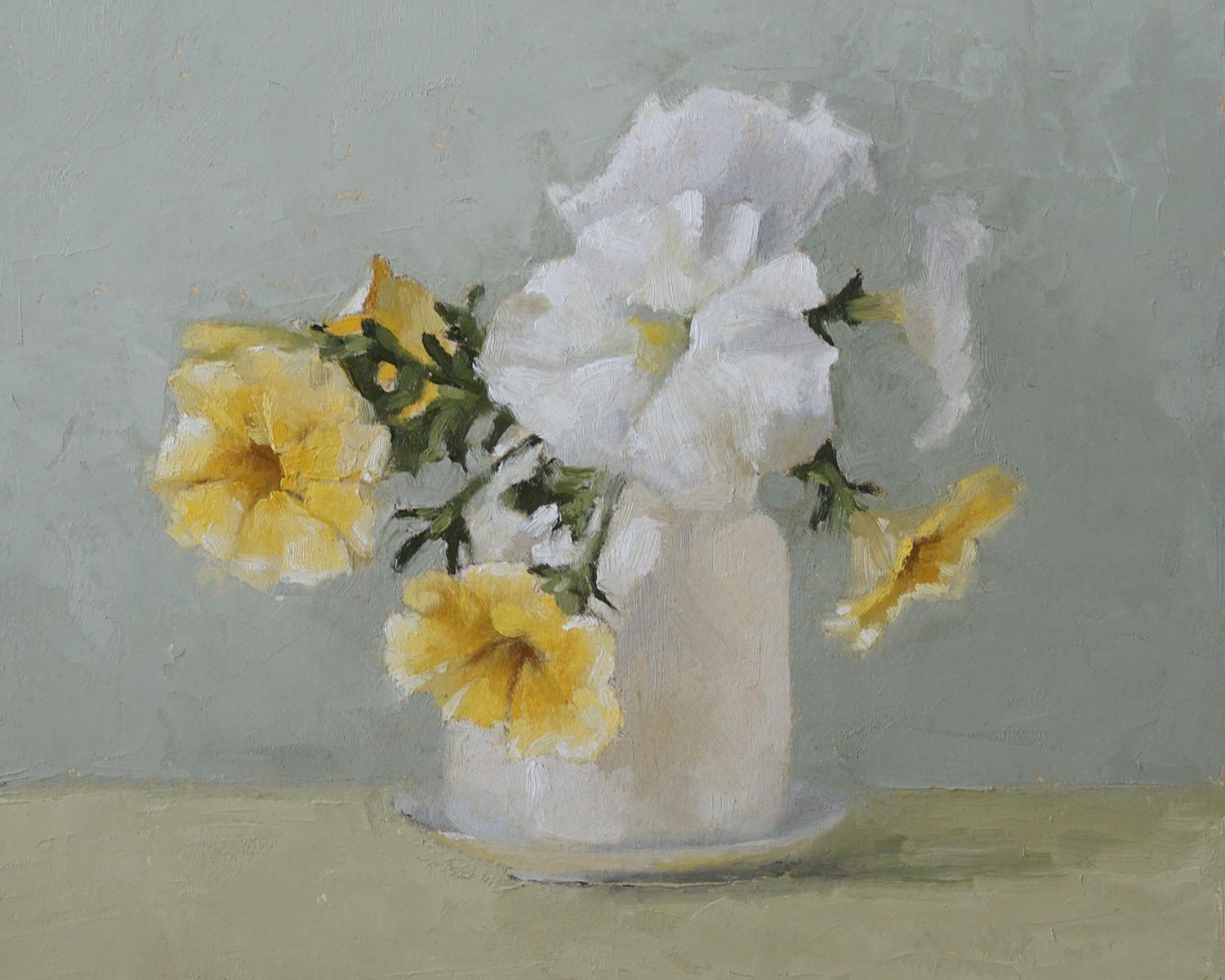 Spring Petunias, Oil Painting - Gray Still-Life Painting by Nicole Lamothe