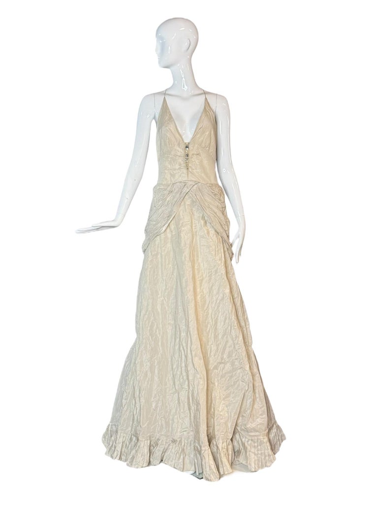 Nicole Miller 1990s Metallic Ivory Taffeta Wedding Gown with Crystal Bodice  at 1stDibs