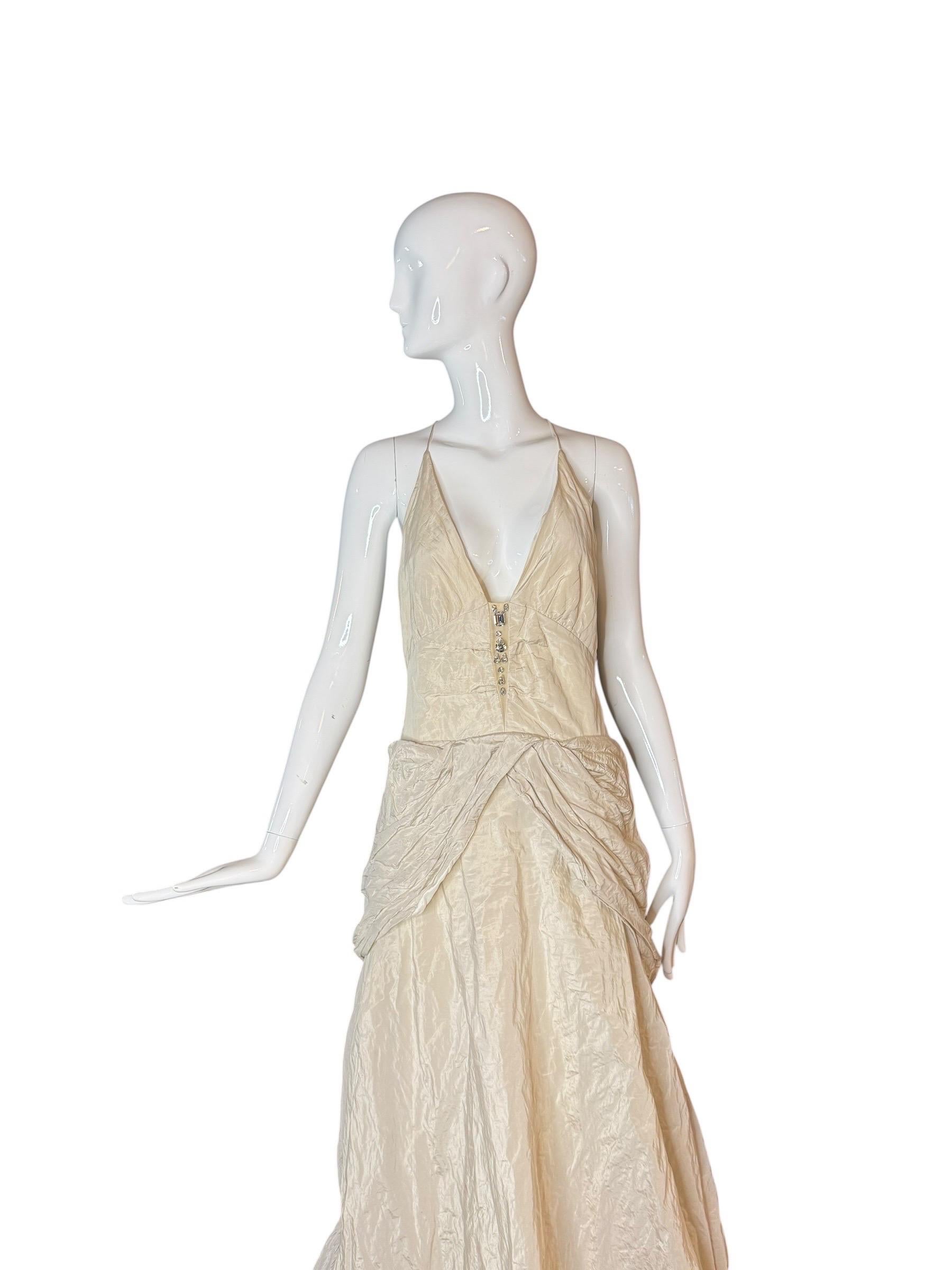 Nicole Miller 1990 - Robe de mariée en taffetas ivoire métallisé avec corsage en cristal en vente 3