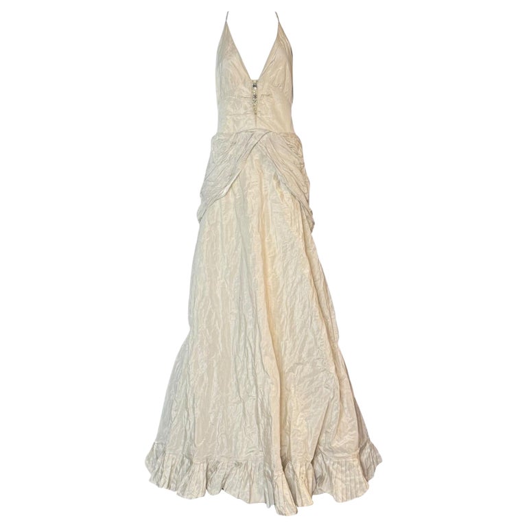 Nicole Miller 1990s Metallic Ivory Taffeta Wedding Gown with Crystal Bodice  at 1stDibs