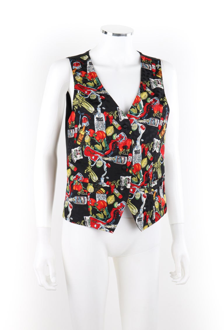 NICOLE MILLER 1992 Absolut Vodka Silk Bloody Mary Drink Pattern Waistcoat Vest In Good Condition For Sale In Thiensville, WI