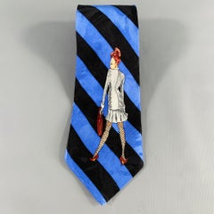 NICOLE MILLER Cravatta in seta a strisce diagonali blu e nere da ragazza pin-up