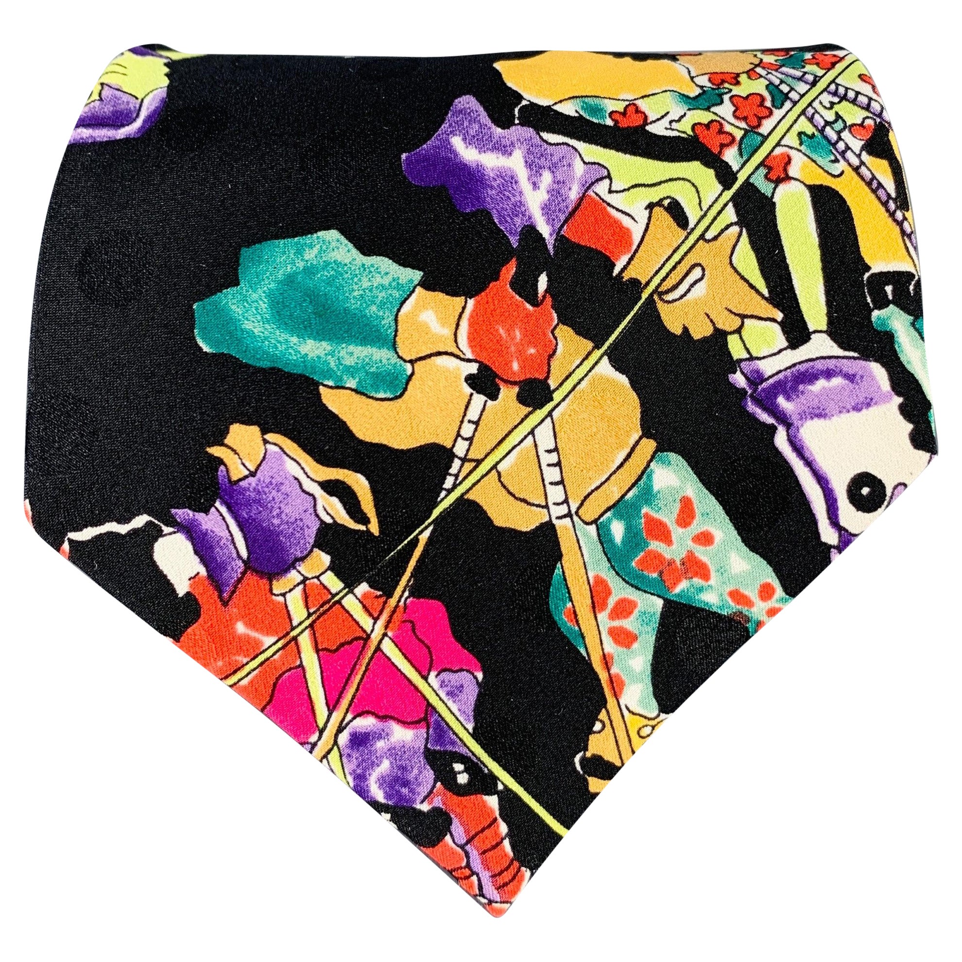 NICOLE MILLER - Figures de ski noires multicolores nouées en soie en vente