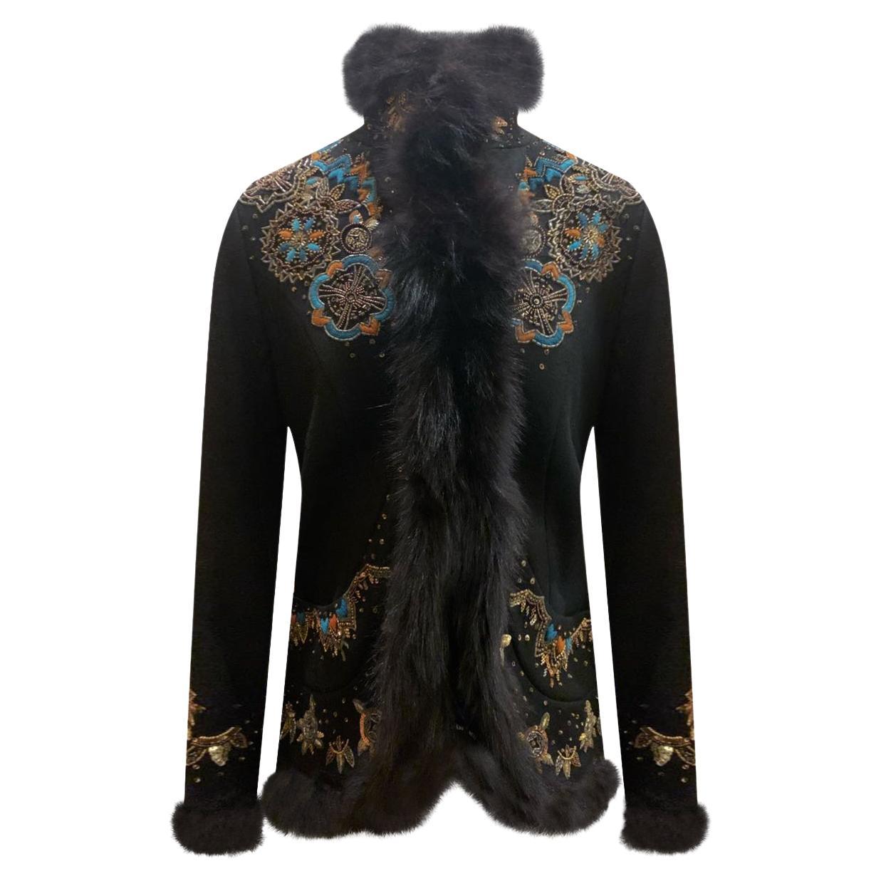 NICOLE MILLER BLACK WOOL JACLET with FOX FUR TRIM, SEQUINS and EMBROIDERY EU 42