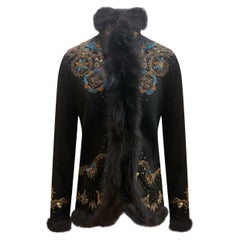NICOLE MILLER BLACK WOOL JACLET with FOX FUR TRIM, SEQUINS and EMBROIDERY EU 42