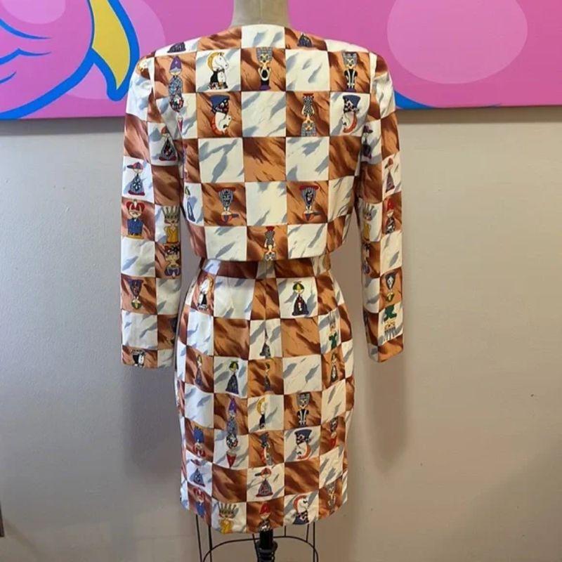 Beige Nicole Miller Chess Print Pawn Horse Queen King Jacket Dress For Sale