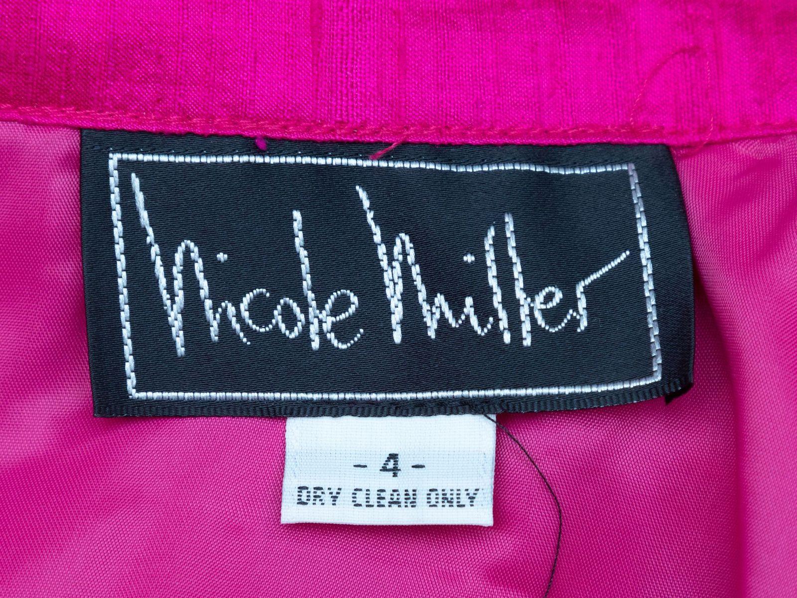 Product Details: Vintage hot pink matching skirt and sleeveless top set by Nicole Miller. Top features notched collar and crystal-embellished front button closures. Skirt features zip closure at side. Top- 32
