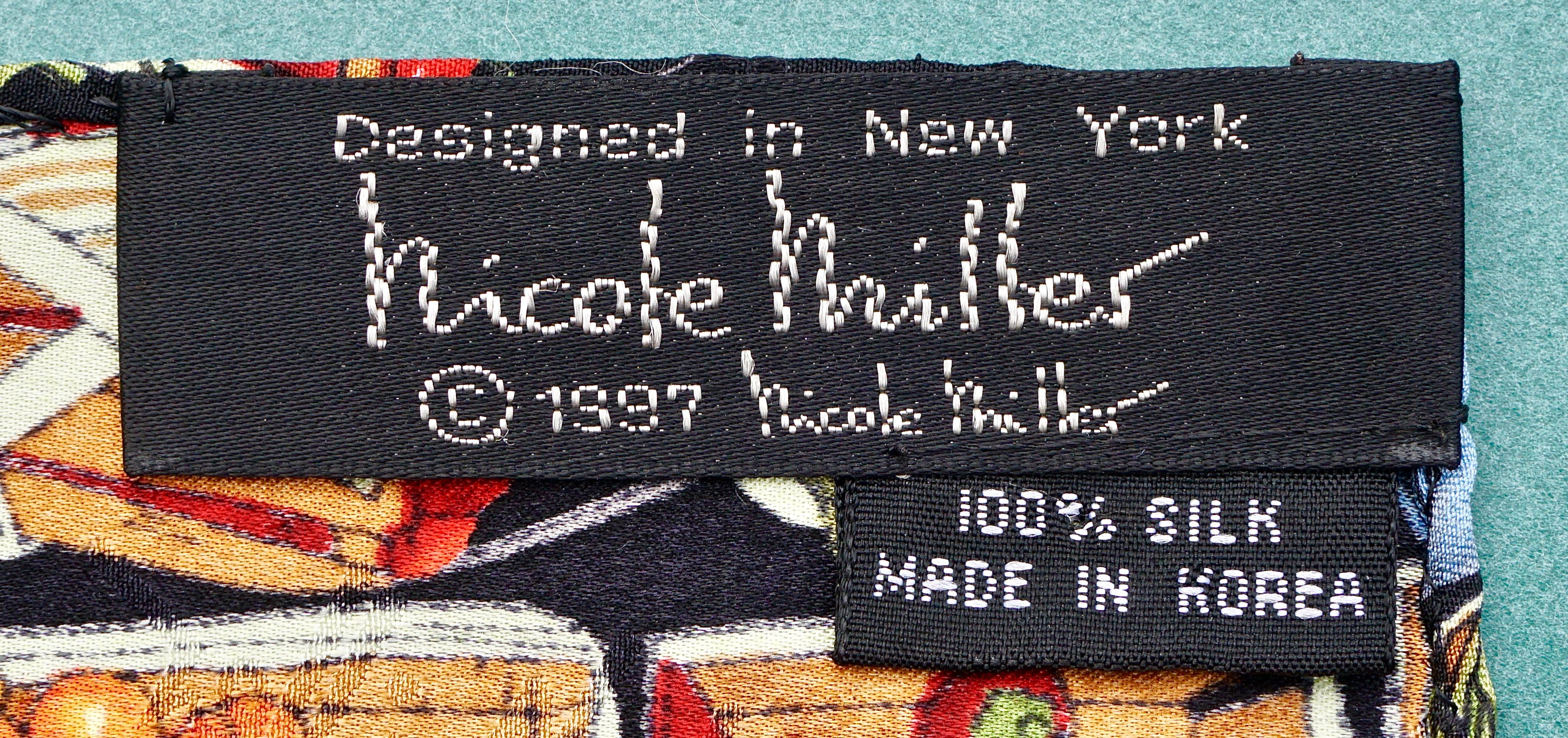 Beige Nicole Miller Large Square Silk Multi Colour Vegetables Print Scarf 1990s For Sale