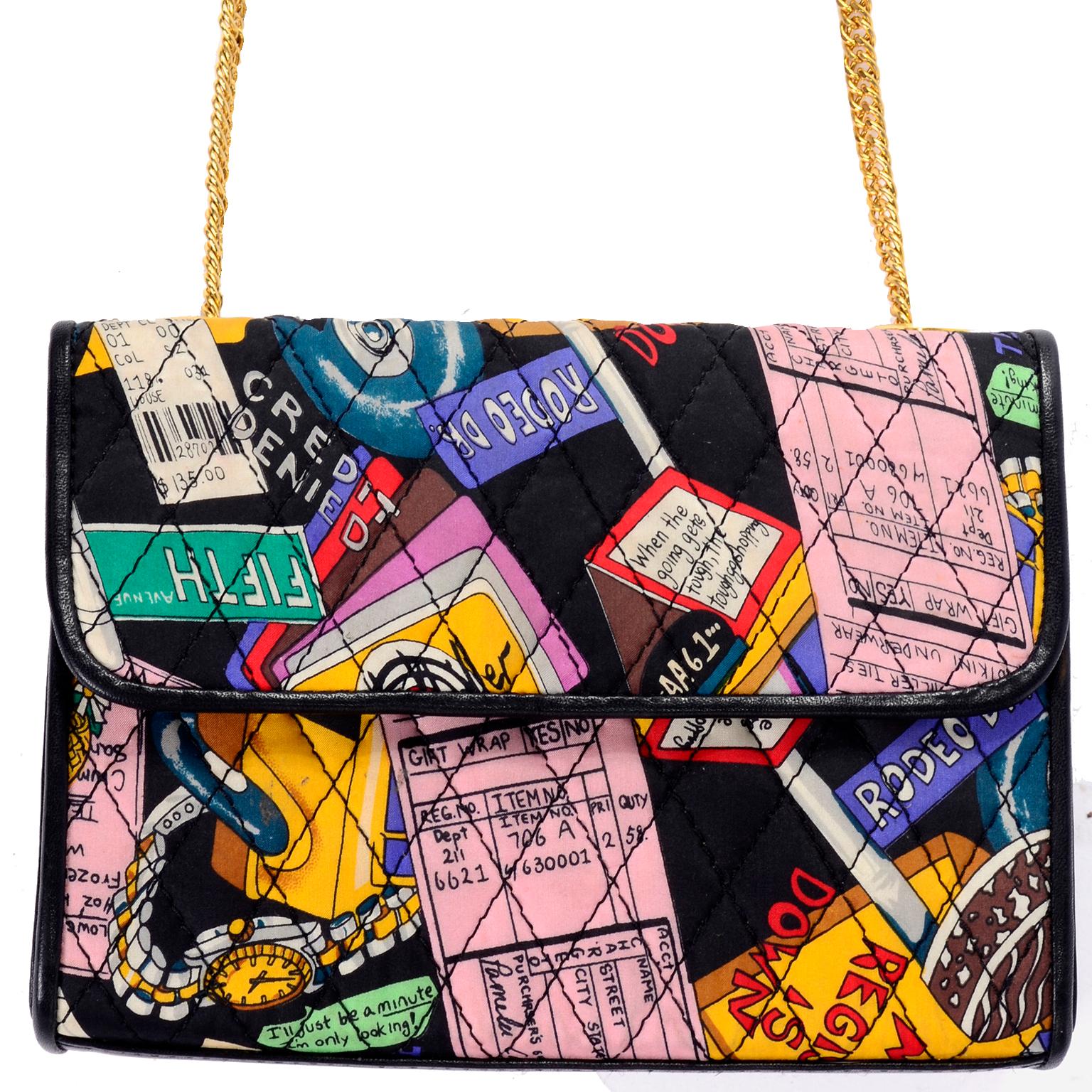 This vintage Nicole Miller handbag is made of a quilted novelty fabric with shopping images for the shopaholic. Price tags, Rodeo Drive, content and care labels, credit cards, Fifth Avenue, etc.. Nicole Miller made her mark in the 1980s and 1990s