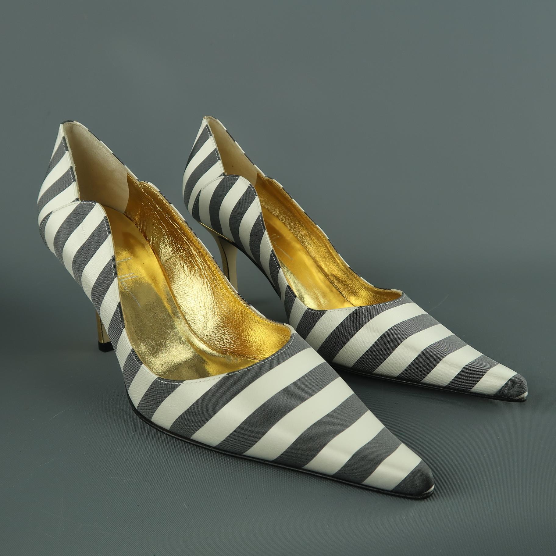NICOLE MILLER ESTELLE pumps come in gray and white striped satin with a pointed toe and metallic gold leather heel. Made in Italy.

New With Box.
Marked: 7

Heel: 3 in.