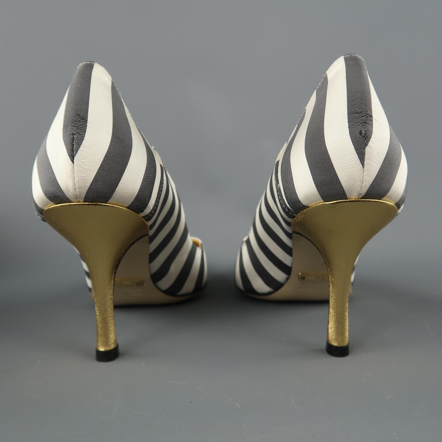 NICOLE MILLER Size 7 White & Gray Striped Satin Gold Heels ESTELLE Pumps In New Condition In San Francisco, CA