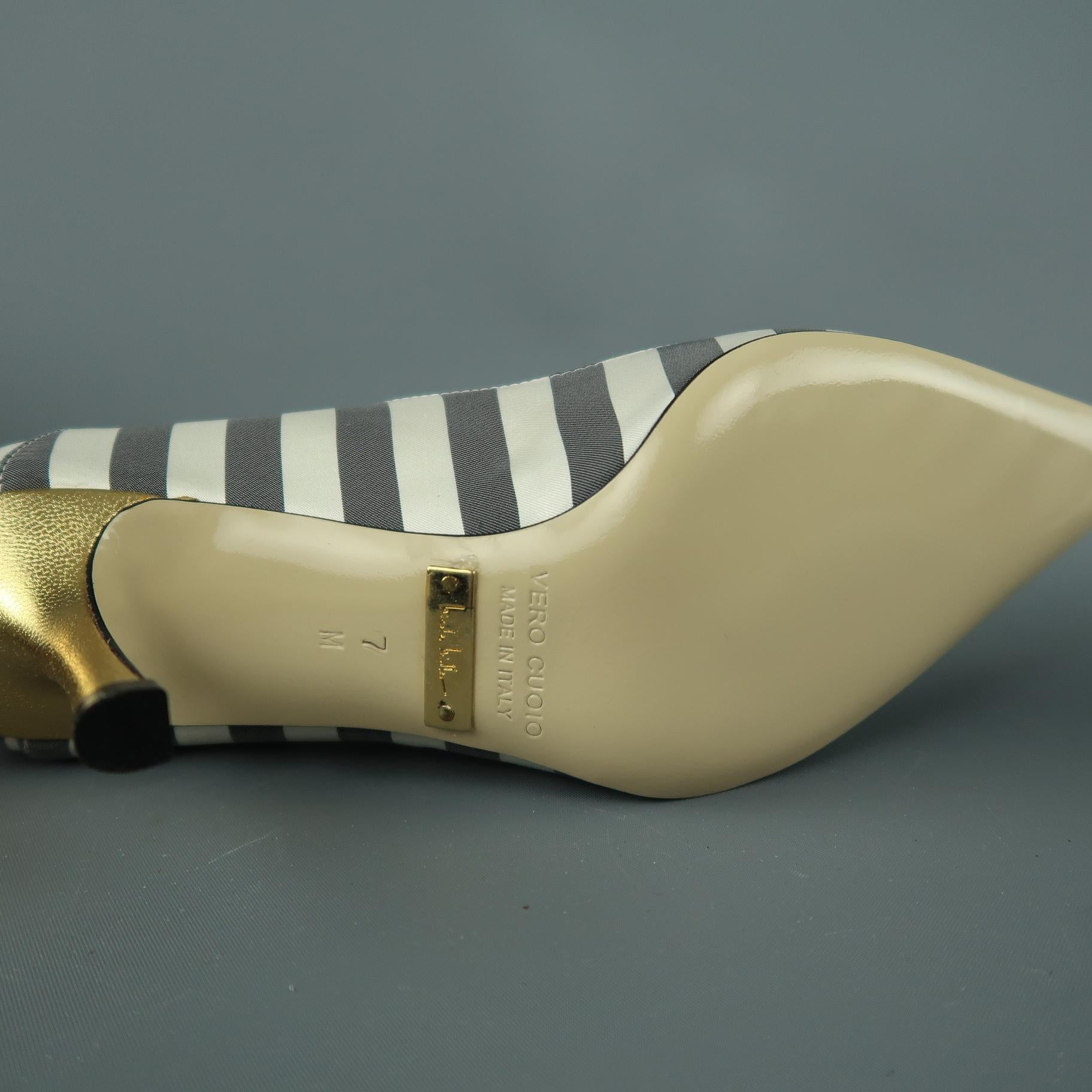 Women's NICOLE MILLER Size 7 White & Gray Striped Satin Gold Heels ESTELLE Pumps