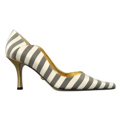 NICOLE MILLER Size 7 White & Gray Striped Satin Gold Heels ESTELLE Pumps