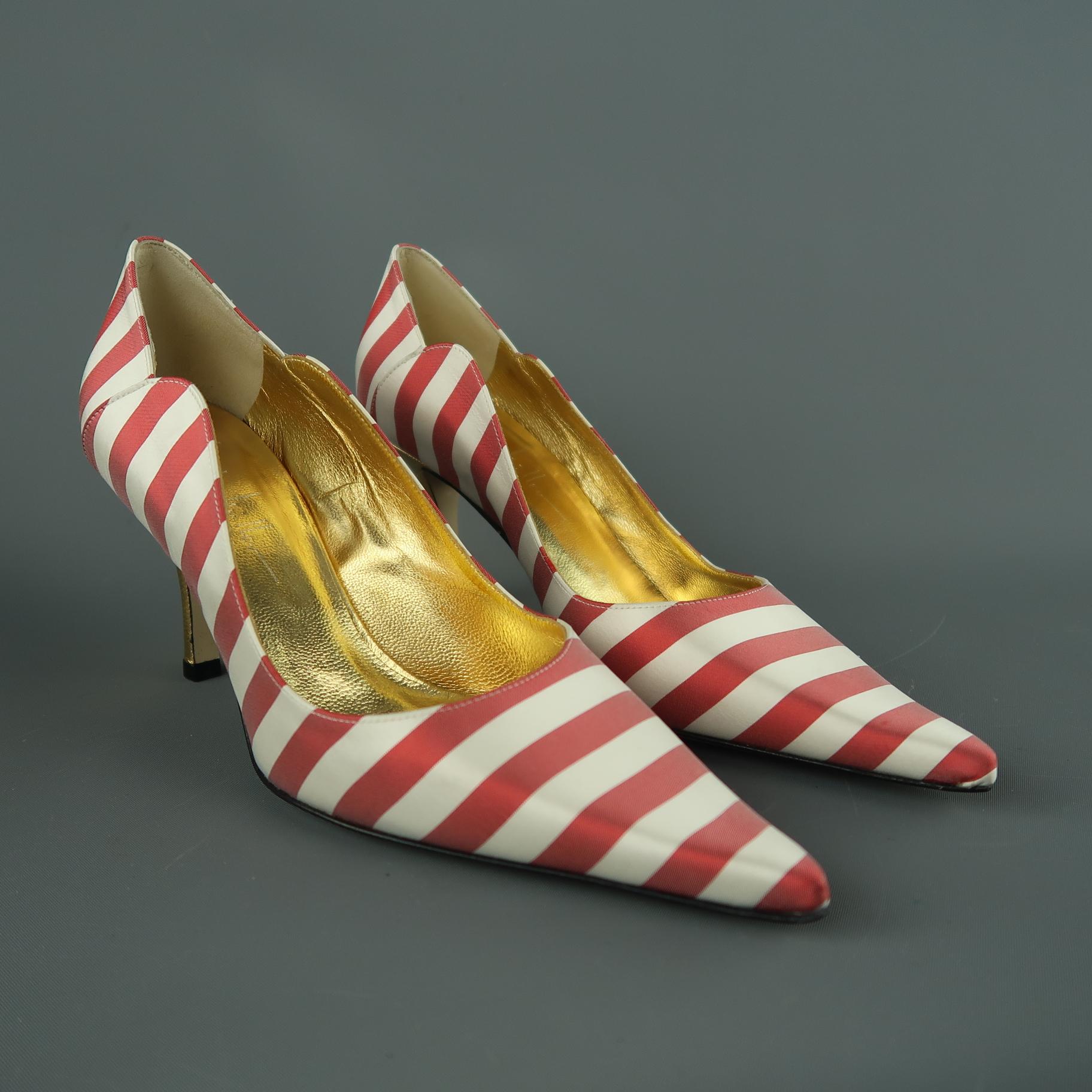 NICOLE MILLER ESTELLE pumps come in red and white striped satin with a pointed toe and metallic gold leather heel. Made in Italy.

New With Box.
Marked: 7

Heel: 3 in.