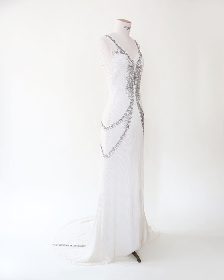 Nicole Miller white ivory silver beaded sheer backless train wedding gown dress For Sale at 1stDibs Nicole Miller white ivory silver beaded sheer backless train wedding gown dress For Sale at 1stDibs