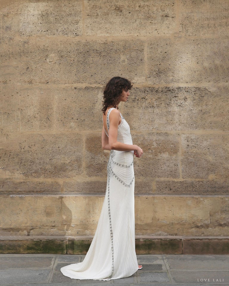 Nicole Miller White Ivory Silver Beaded Sheer Backless Train Wedding Gown Dress Nicole Miller White Ivory Silver Beaded Sheer Backless Train Wedding Gown Dress