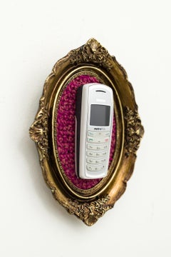 "Candy-Bar Nokia", Framed Yarn and Found Object Still-Life Sculpture, Framed