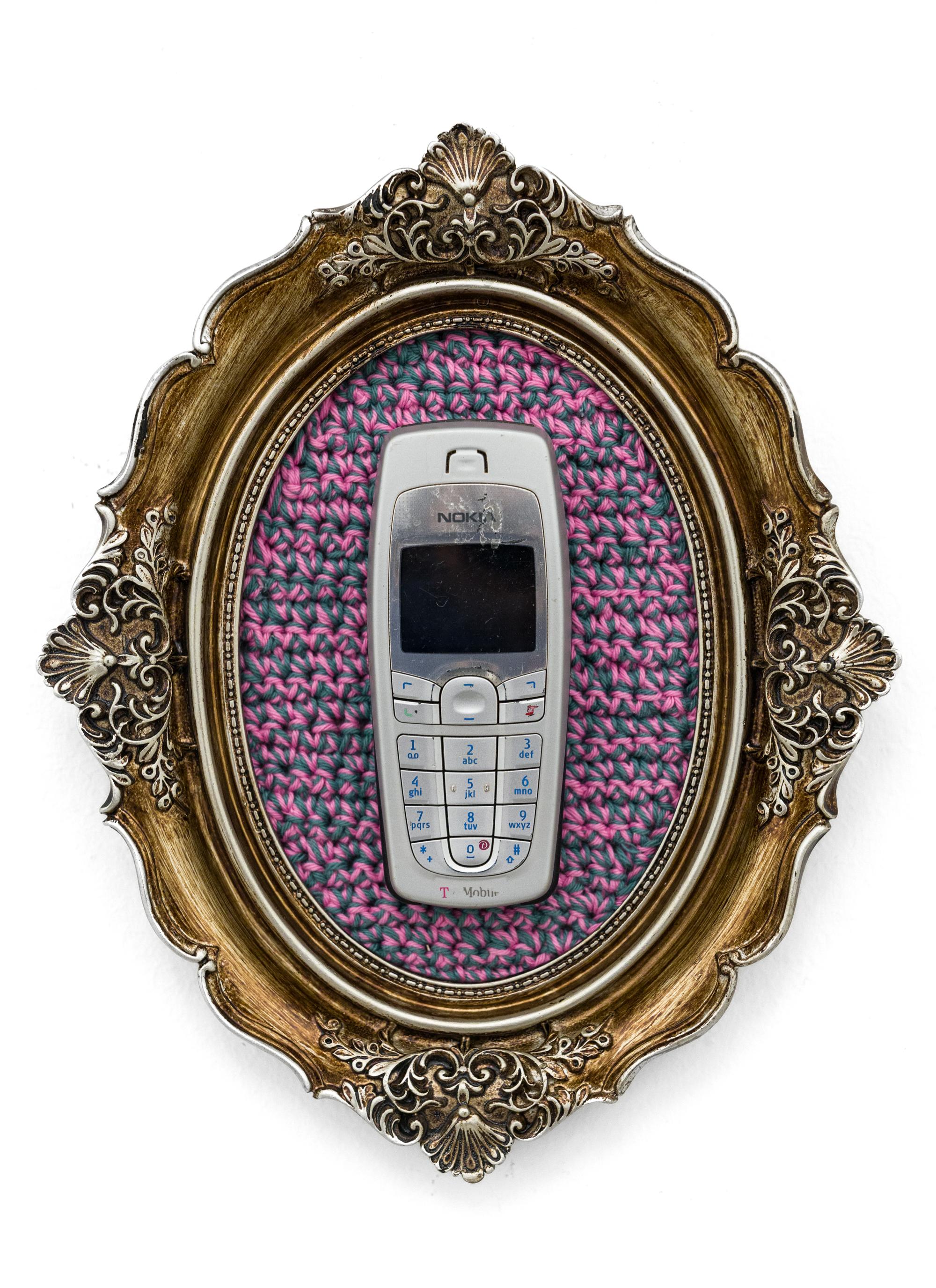 Nicole Nikolich, Lace in the Moon Still-Life Sculpture - "Classic Nokia Brick", Technology Crocheted Still-Life with Yarn & Found Object