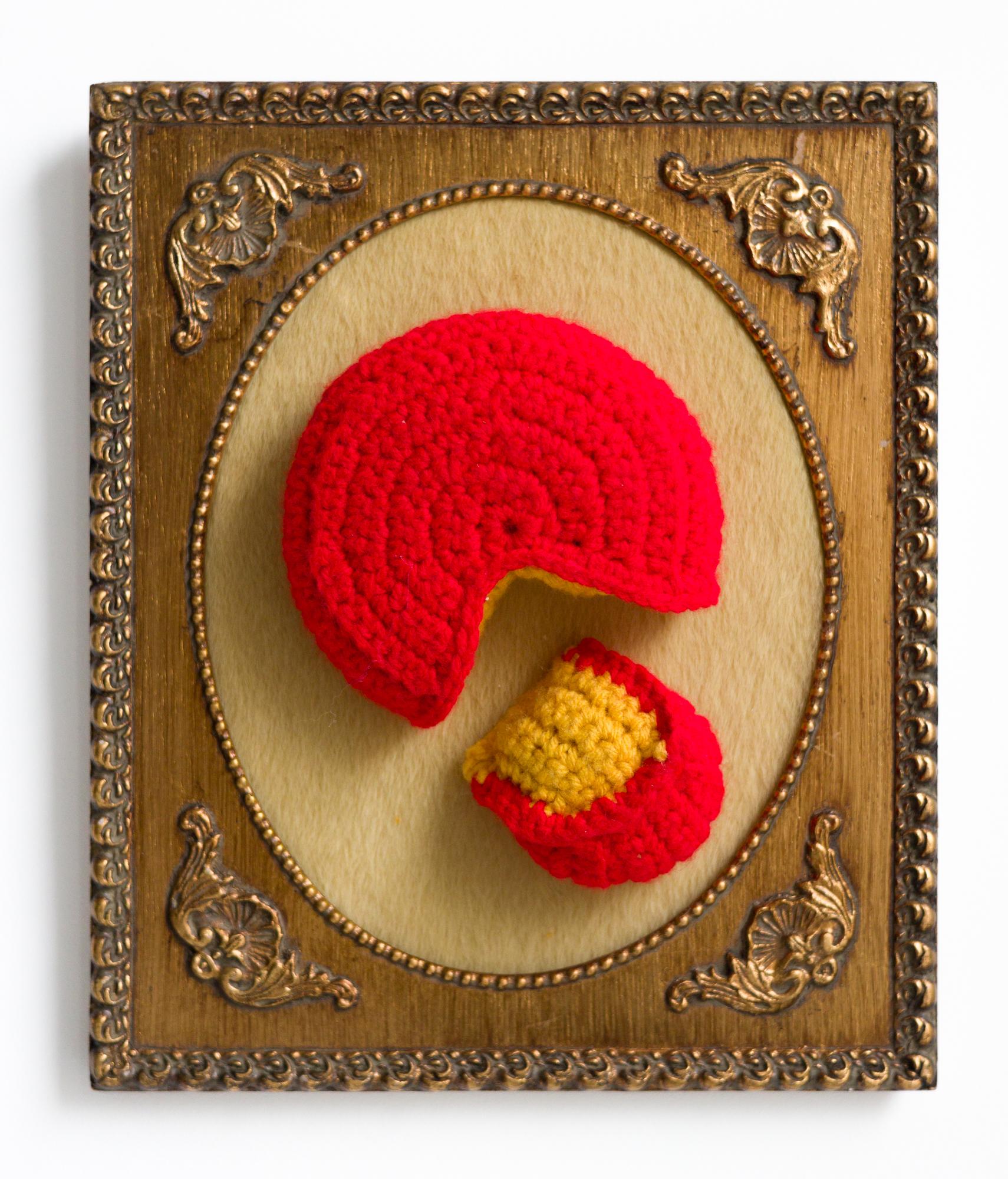 "Gouda Cheese", Food, Textiles, Crochet Acrylic in Vintage Frame - Art by Nicole Nikolich, Lace in the Moon