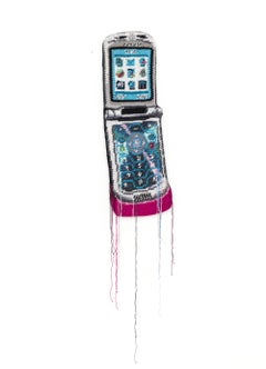 "It Girl", Retro-Flip-Phone gehäkelte Skulptur mit Garn, nostalgisch