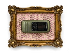 "LG enV", Crocheted Still-Life Vintage Technology Wall Sculpture Framed