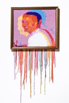« MySpace Tom No. 3 », portrait en textile, motif pailleté, acrylique au crochet