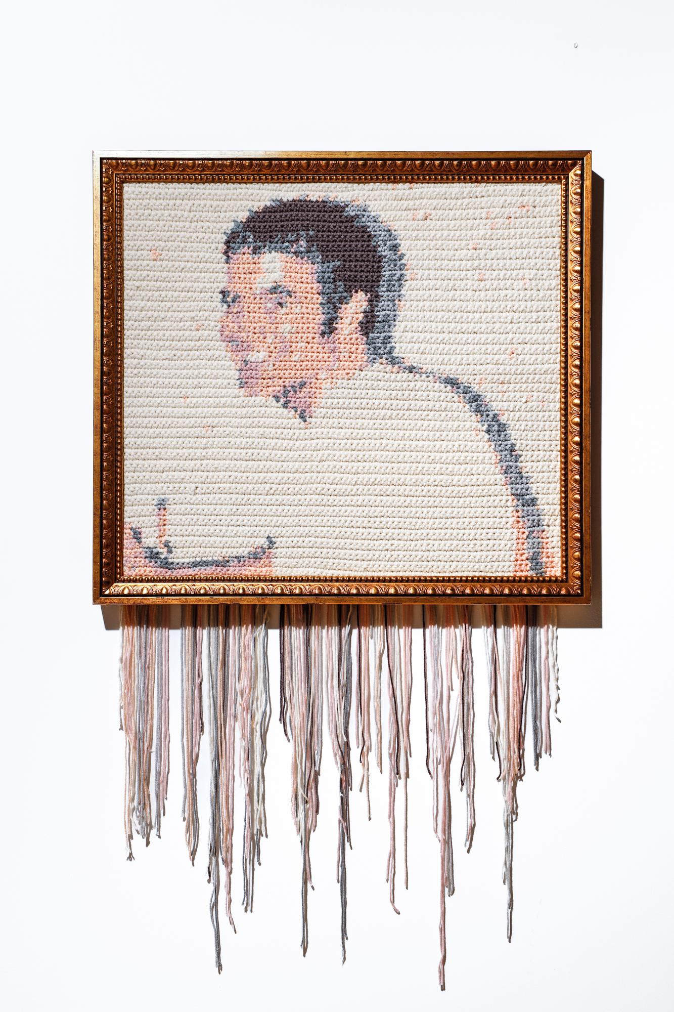 Nicole Nikolich, Lace in the Moon Figurative Sculpture - "MySpace Tom No. 6" Textile Portrait, Glitch Motif, Crochet Acrylic