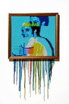 Portrait en textile MySpace Tom No. 7, motif pailleté, acrylique au crochet