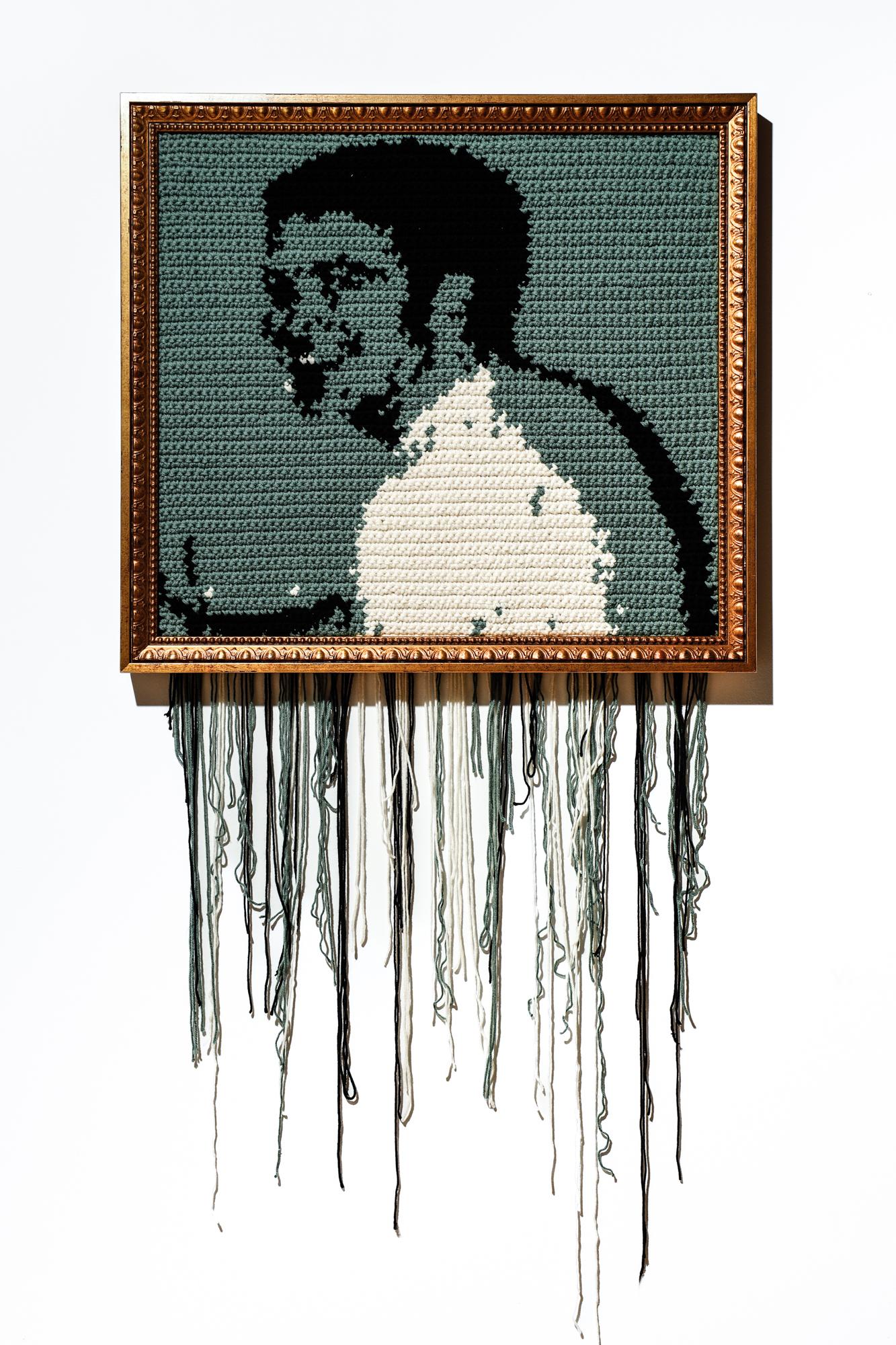 "MySpace Tom No. 8" Textile Portrait, Glitch Motif, Crochet Acrylic" - Art by Nicole Nikolich, Lace in the Moon