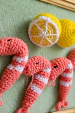 "Shrimp Appetizer", Seafood, Crochet Acrylic in Vintage Frame, lemons