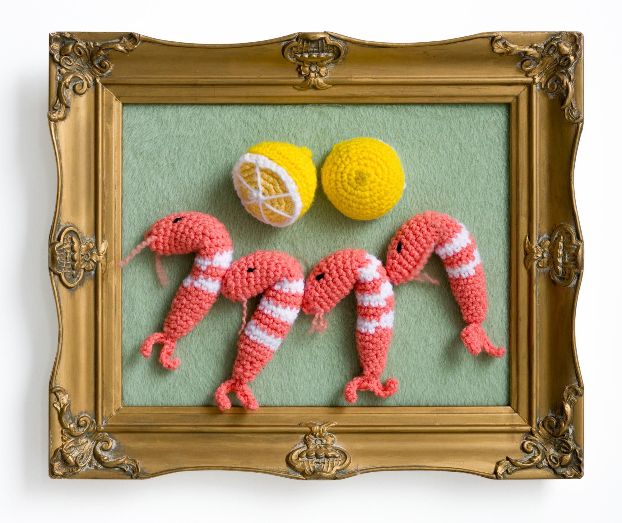 Nicole Nikolich, Lace in the Moon Still-Life Sculpture - "Shrimp Appetizer", Seafood, Crochet Acrylic in Vintage Frame, lemons