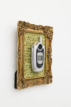"Vintage LG Flip", Crocheted Framed Wall Art, Nostalgic Flip Phone Sculpture