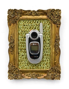 "Vintage LG Flip", Crocheted Framed Wall Art, Nostalgic Flip Phone Sculpture