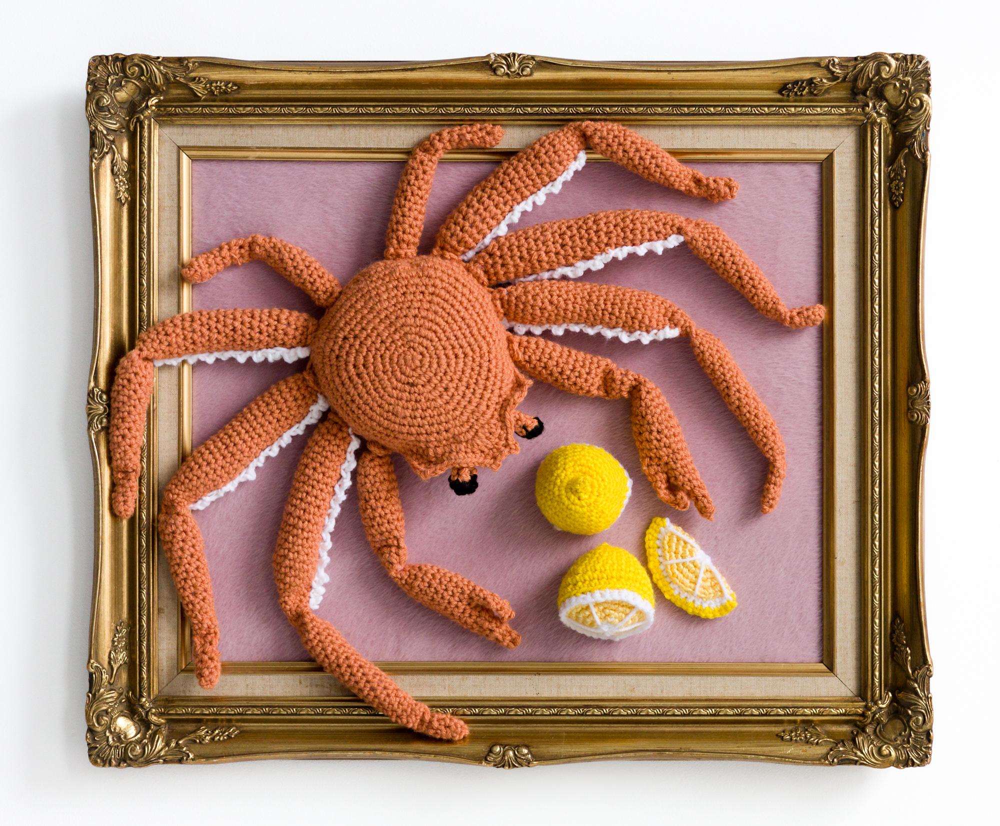 "XL Snow Crab", Seafood, Crochet Acrylic in Vintage Frame, Animalia - Sculpture by Nicole Nikolich, Lace in the Moon