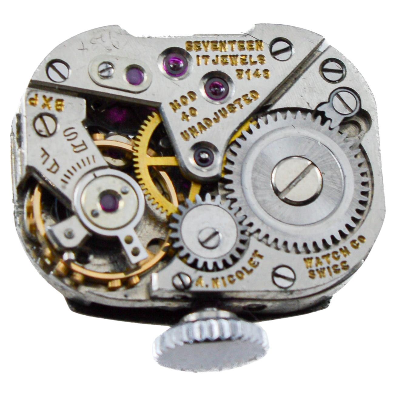 Nicolet Solid White Gold Art Deco Ladies Watch with Period Bracelet, circa 1940s For Sale 11