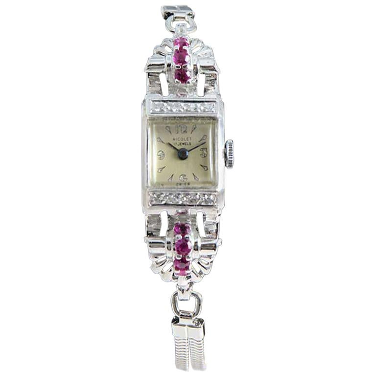 Nicolet Solid White Gold Art Deco Ladies Watch with Period Bracelet