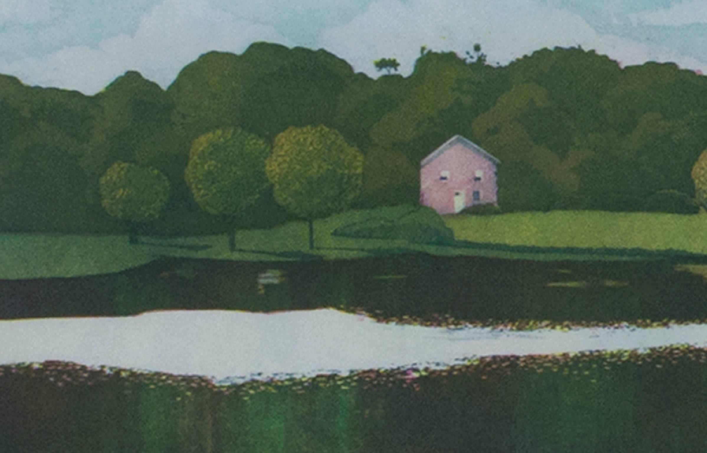 'Untitled (Pink House with Lake)' original aquatint by Nicolette Jelen For Sale 2