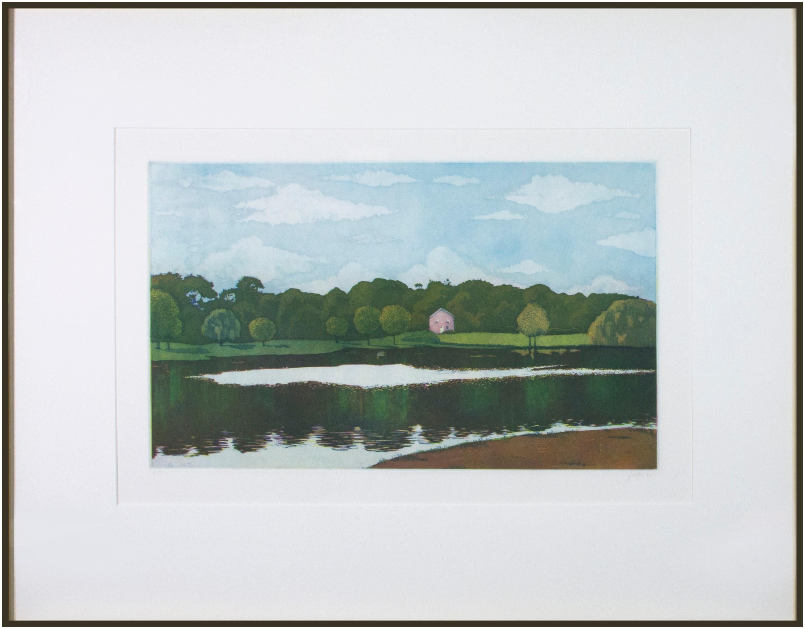 'Untitled (Pink House with Lake)' original aquatint by Nicolette Jelen