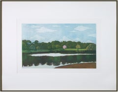Vintage 'Untitled (Pink House with Lake)' original aquatint by Nicolette Jelen