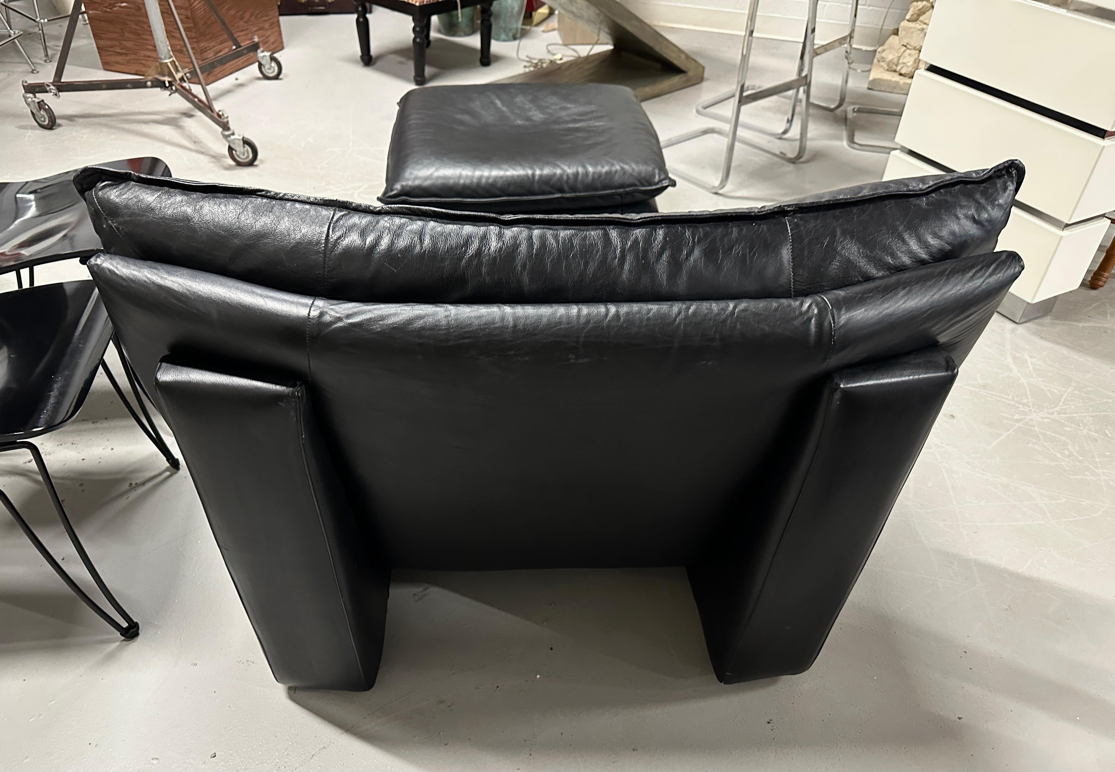 Nicoletti Salotti Black Leather Lounge Chair and Ottoman For Sale 2