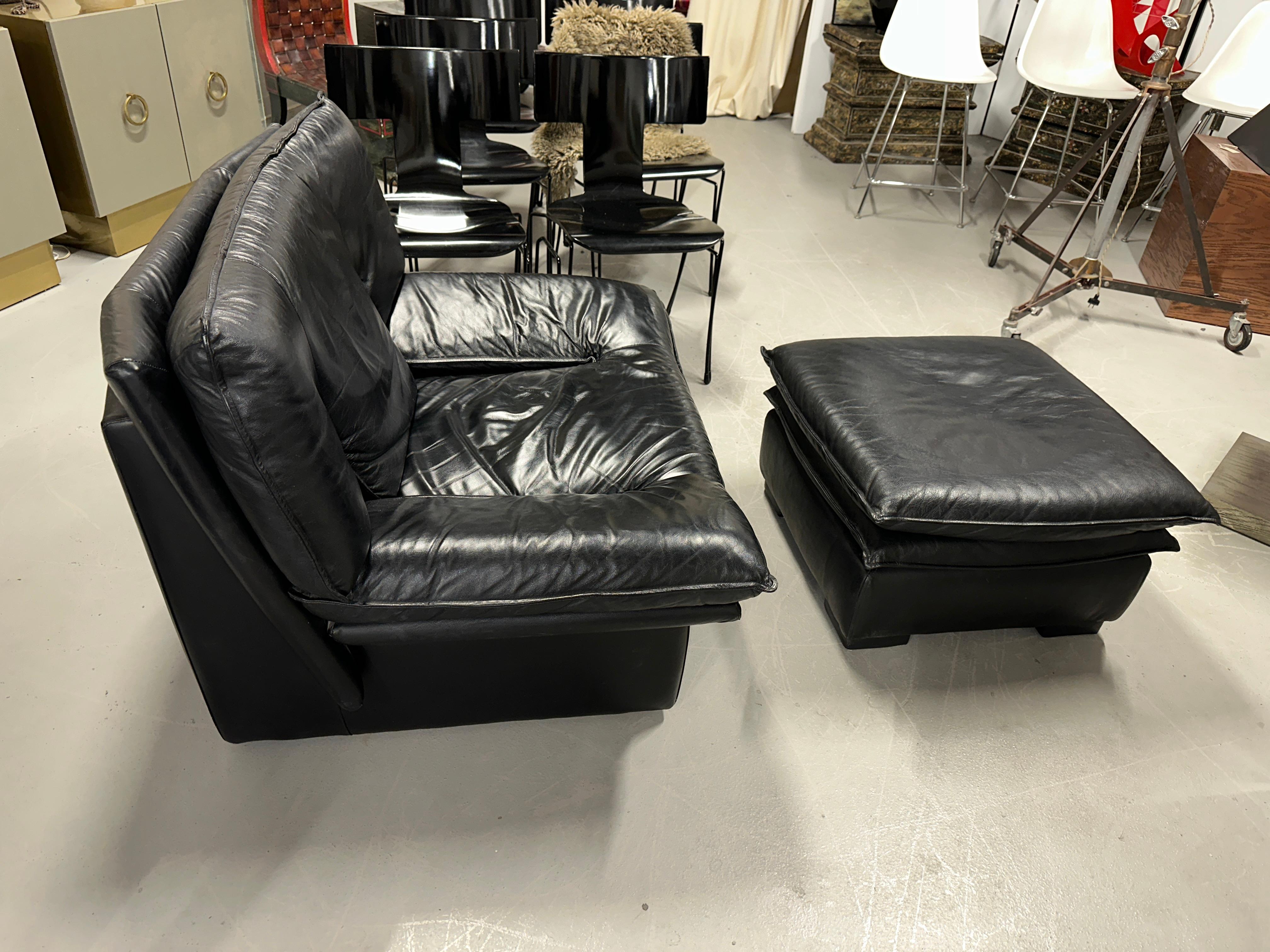Nicoletti Salotti Black Leather Lounge Chair and Ottoman For Sale 3