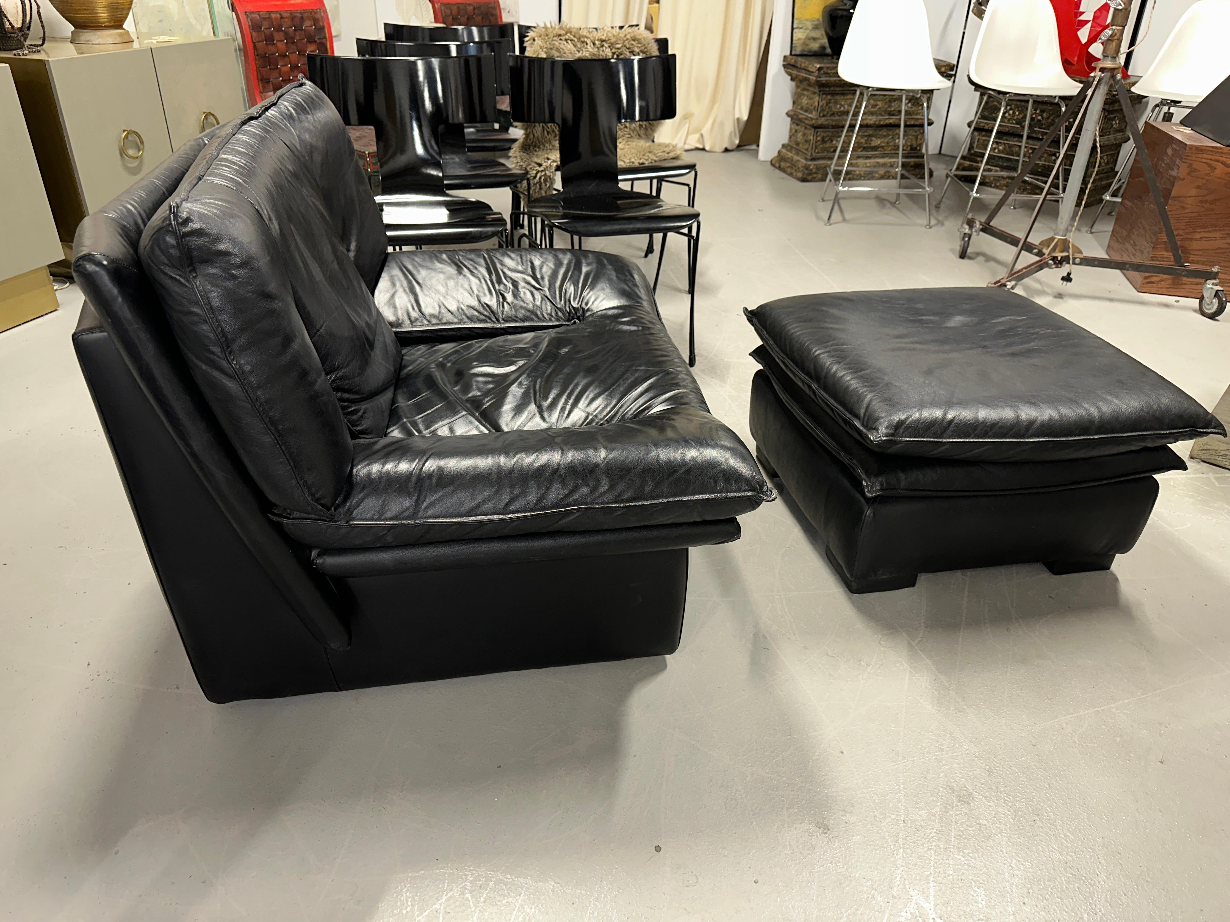 Nicoletti Salotti Black Leather Lounge Chair and Ottoman For Sale 4